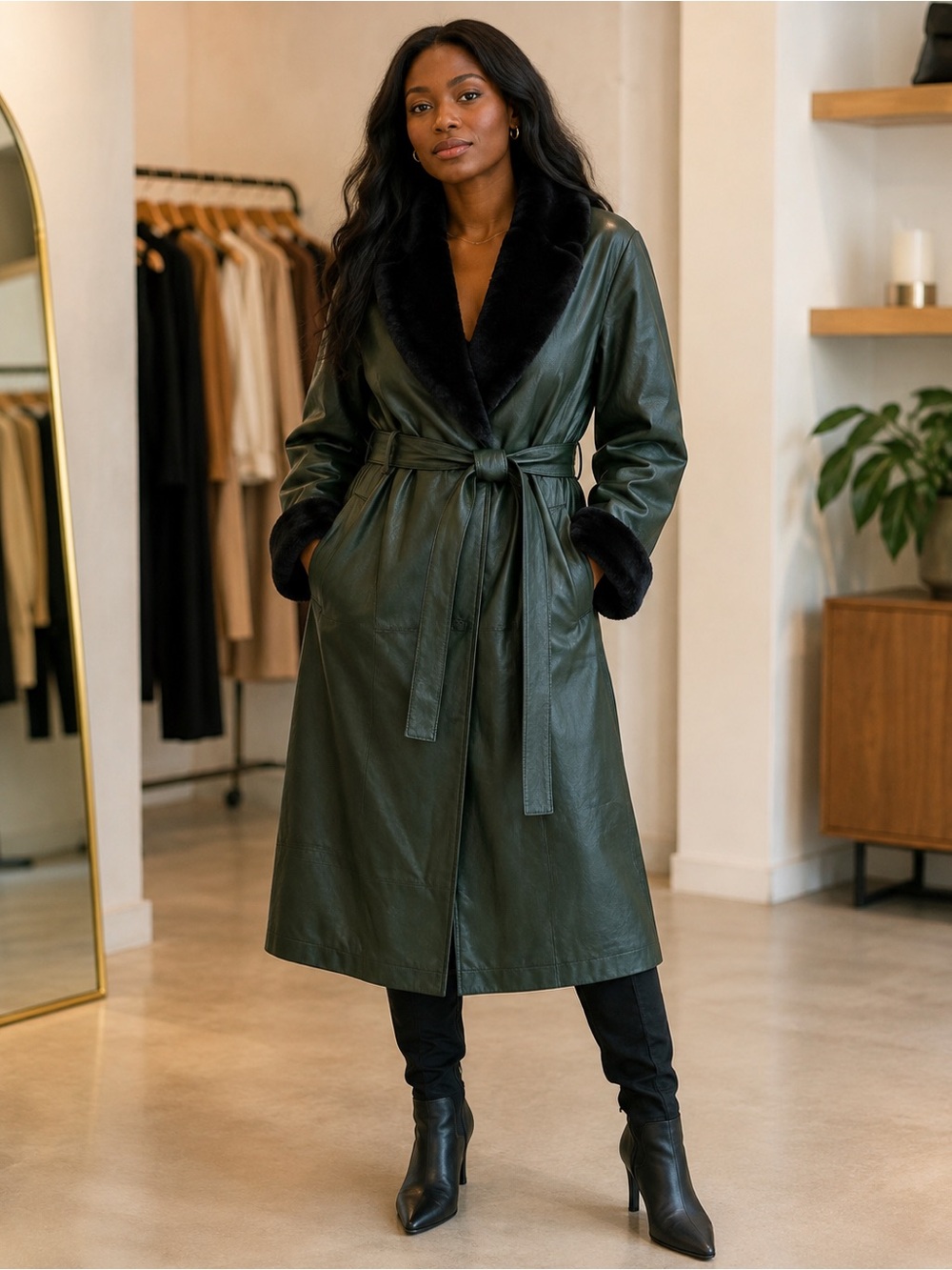 Dark Green Leather Trench Coat with Black Fur Trim